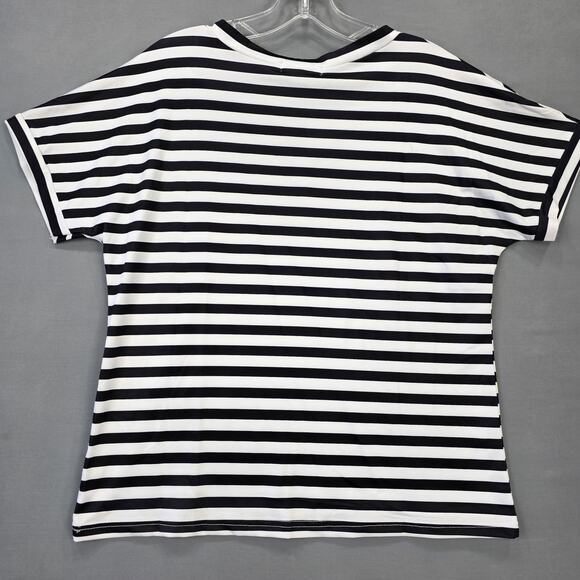 C+D+M Collection Black White Striped Shirt NEW Short Sleeves V-Neck Women Size L - Picture 2 of 10
